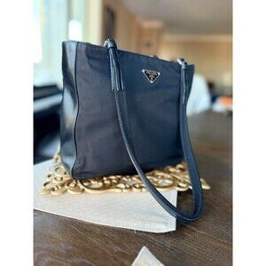 Prada Tessuto Nylon Tote Black Leather Shoulder Bag Authentic